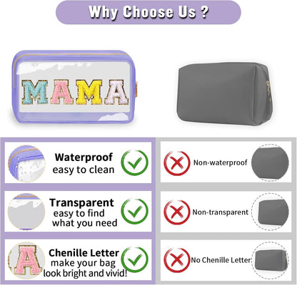 Chenille Letter Clear Makeup Bags Stuff Pouch, Preppy Patch Makeup Bag with Zipper, Transparent PVC & Nylon Waterproof Portable Glitter Cosmetic Bag Travel Toiletry Storage for Women Girl(STUFF-Black)