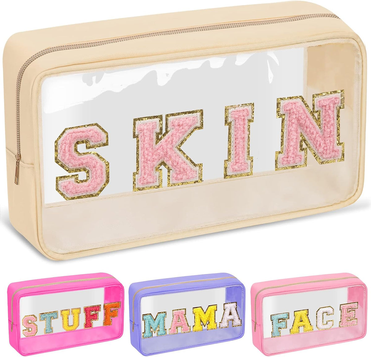 Chenille Letter Clear Makeup Bags Stuff Pouch, Preppy Patch Makeup Bag with Zipper, Transparent PVC & Nylon Waterproof Portable Glitter Cosmetic Bag Travel Toiletry Storage for Women Girl(STUFF-Black)