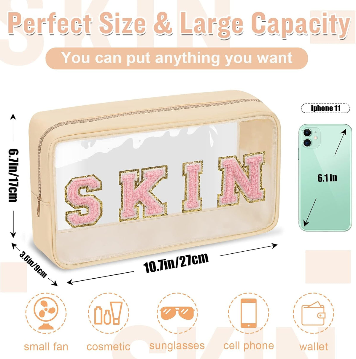 Chenille Letter Clear Makeup Bags Stuff Pouch, Preppy Patch Makeup Bag with Zipper, Transparent PVC & Nylon Waterproof Portable Glitter Cosmetic Bag Travel Toiletry Storage for Women Girl(STUFF-Black)