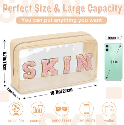 Chenille Letter Clear Makeup Bags Stuff Pouch, Preppy Patch Makeup Bag with Zipper, Transparent PVC & Nylon Waterproof Portable Glitter Cosmetic Bag Travel Toiletry Storage for Women Girl(STUFF-Black)