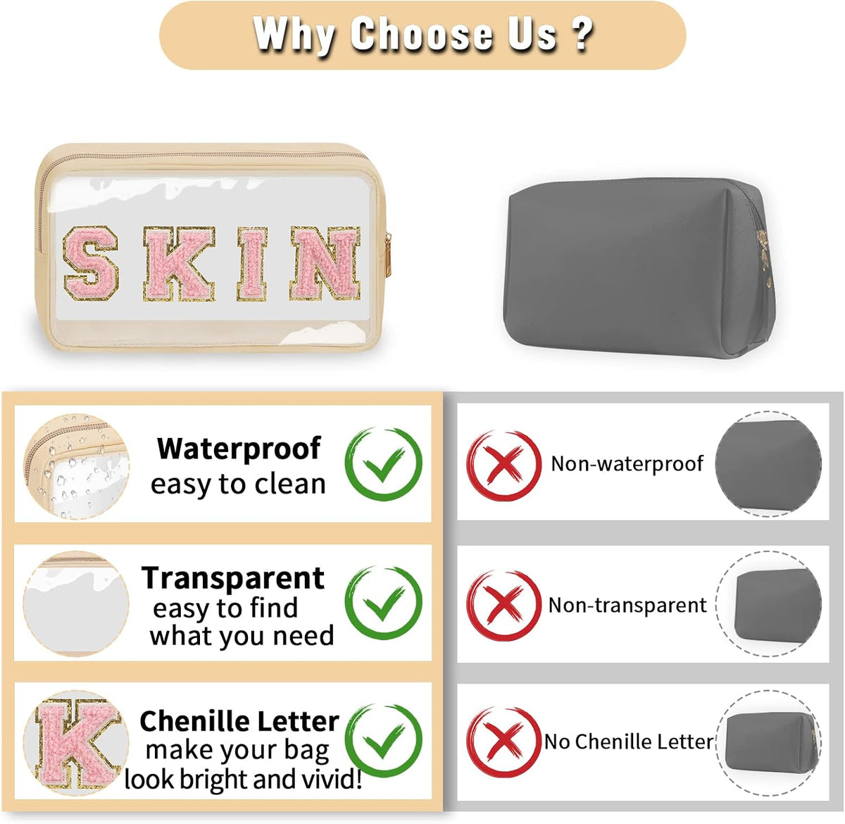 Chenille Letter Clear Makeup Bags Stuff Pouch, Preppy Patch Makeup Bag with Zipper, Transparent PVC & Nylon Waterproof Portable Glitter Cosmetic Bag Travel Toiletry Storage for Women Girl(STUFF-Black)