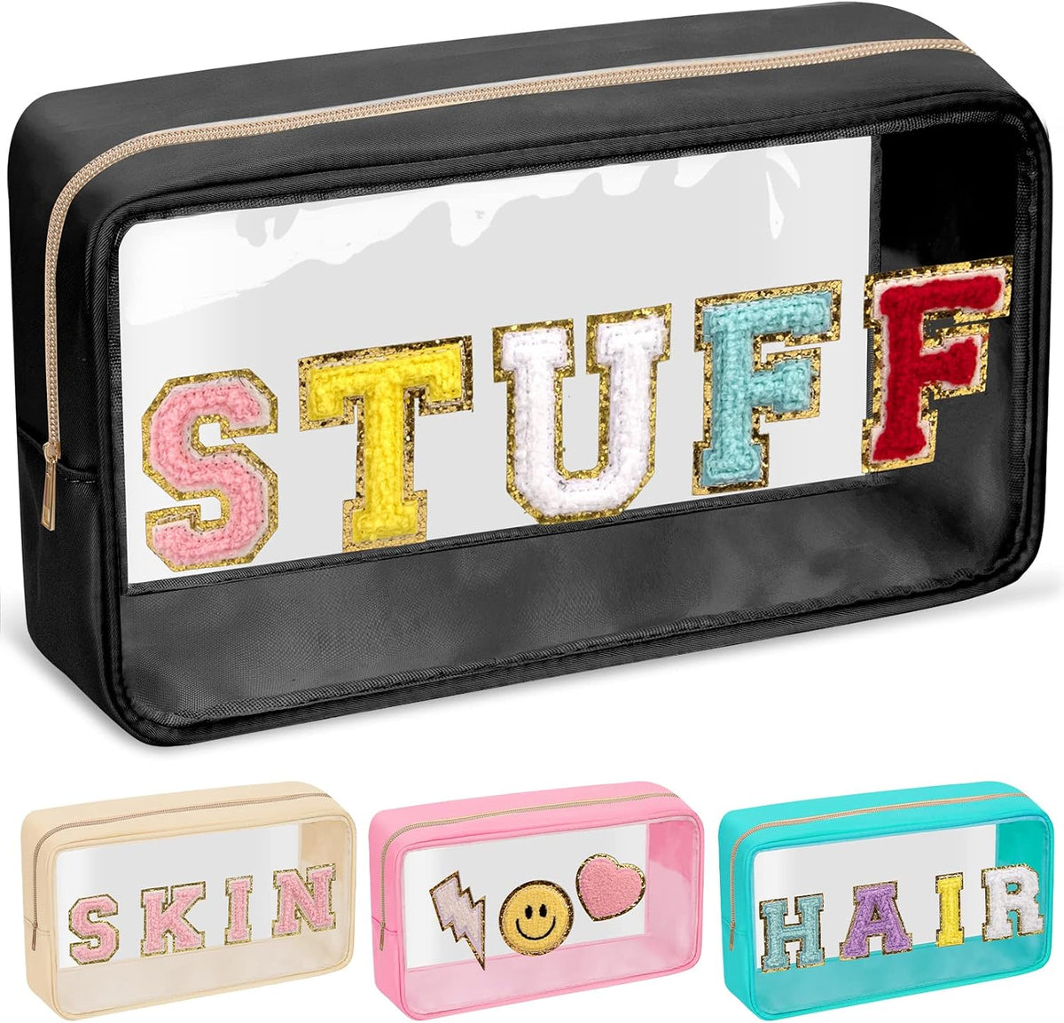 Chenille Letter Clear Makeup Bags Stuff Pouch, Preppy Patch Makeup Bag with Zipper, Transparent PVC & Nylon Waterproof Portable Glitter Cosmetic Bag Travel Toiletry Storage for Women Girl(STUFF-Black)