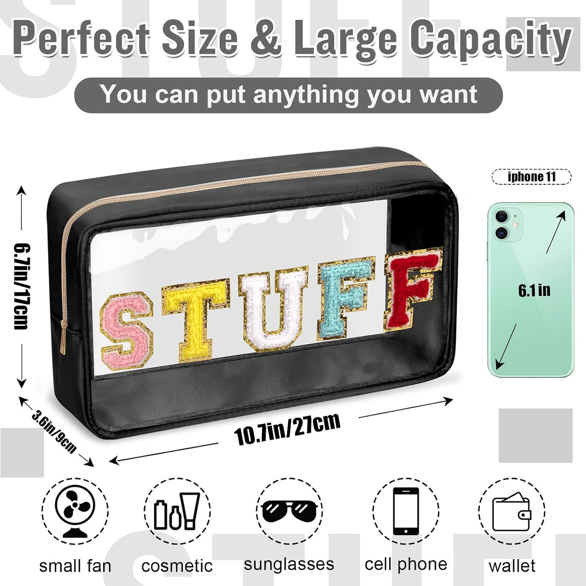 Chenille Letter Clear Makeup Bags Stuff Pouch, Preppy Patch Makeup Bag with Zipper, Transparent PVC & Nylon Waterproof Portable Glitter Cosmetic Bag Travel Toiletry Storage for Women Girl(STUFF-Black)