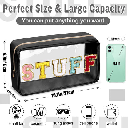 Chenille Letter Clear Makeup Bags Stuff Pouch, Preppy Patch Makeup Bag with Zipper, Transparent PVC & Nylon Waterproof Portable Glitter Cosmetic Bag Travel Toiletry Storage for Women Girl(STUFF-Black)