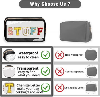 Chenille Letter Clear Makeup Bags Stuff Pouch, Preppy Patch Makeup Bag with Zipper, Transparent PVC & Nylon Waterproof Portable Glitter Cosmetic Bag Travel Toiletry Storage for Women Girl(STUFF-Black)