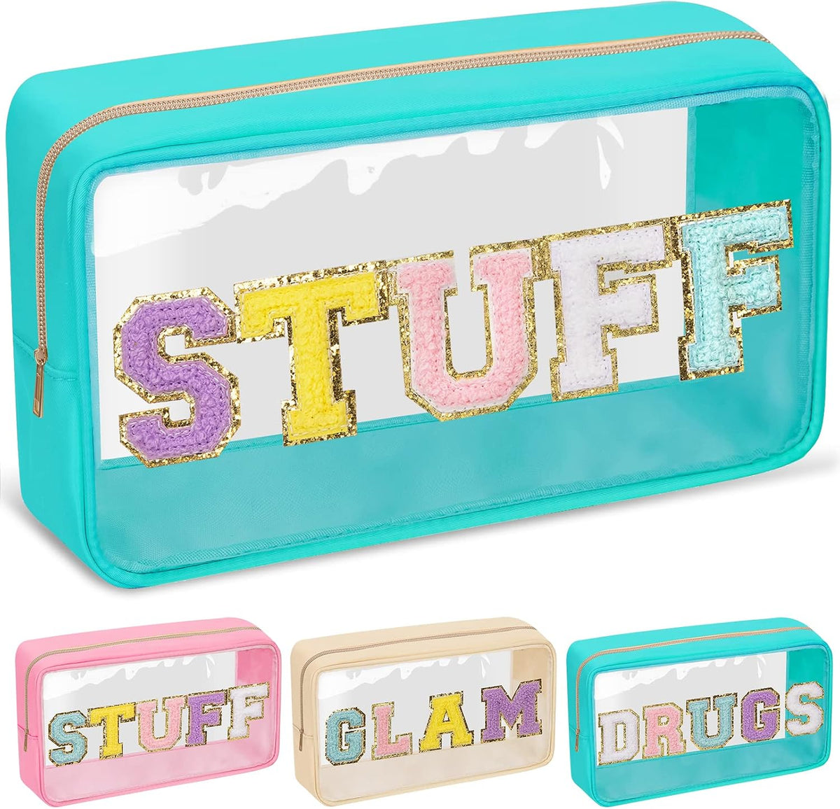 Chenille Letter Clear Makeup Bags Stuff Pouch, Preppy Patch Makeup Bag with Zipper, Transparent PVC & Nylon Waterproof Portable Glitter Cosmetic Bag Travel Toiletry Storage for Women Girl(STUFF-Black)