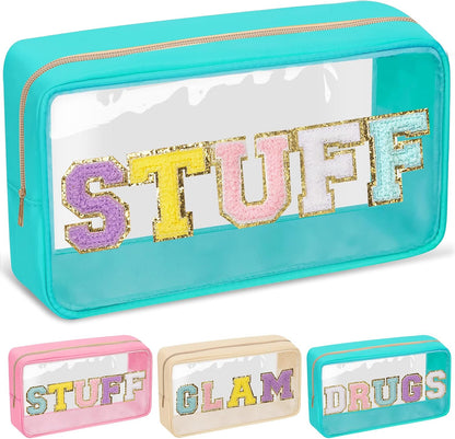 Chenille Letter Clear Makeup Bags Stuff Pouch, Preppy Patch Makeup Bag with Zipper, Transparent PVC & Nylon Waterproof Portable Glitter Cosmetic Bag Travel Toiletry Storage for Women Girl(STUFF-Black)