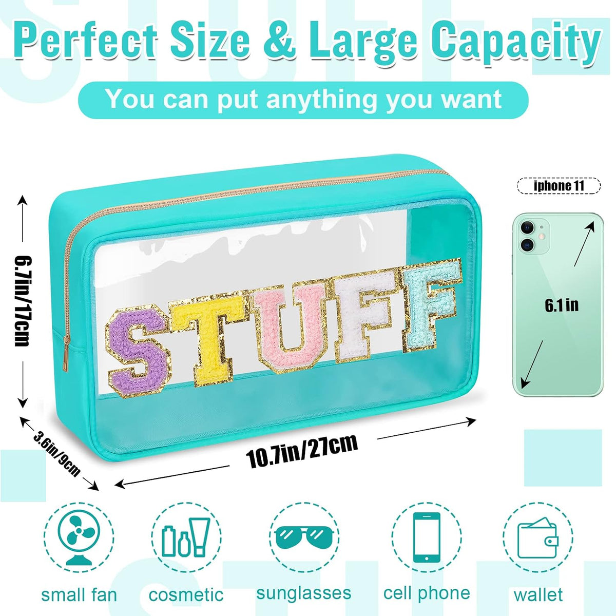 Chenille Letter Clear Makeup Bags Stuff Pouch, Preppy Patch Makeup Bag with Zipper, Transparent PVC & Nylon Waterproof Portable Glitter Cosmetic Bag Travel Toiletry Storage for Women Girl(STUFF-Black)