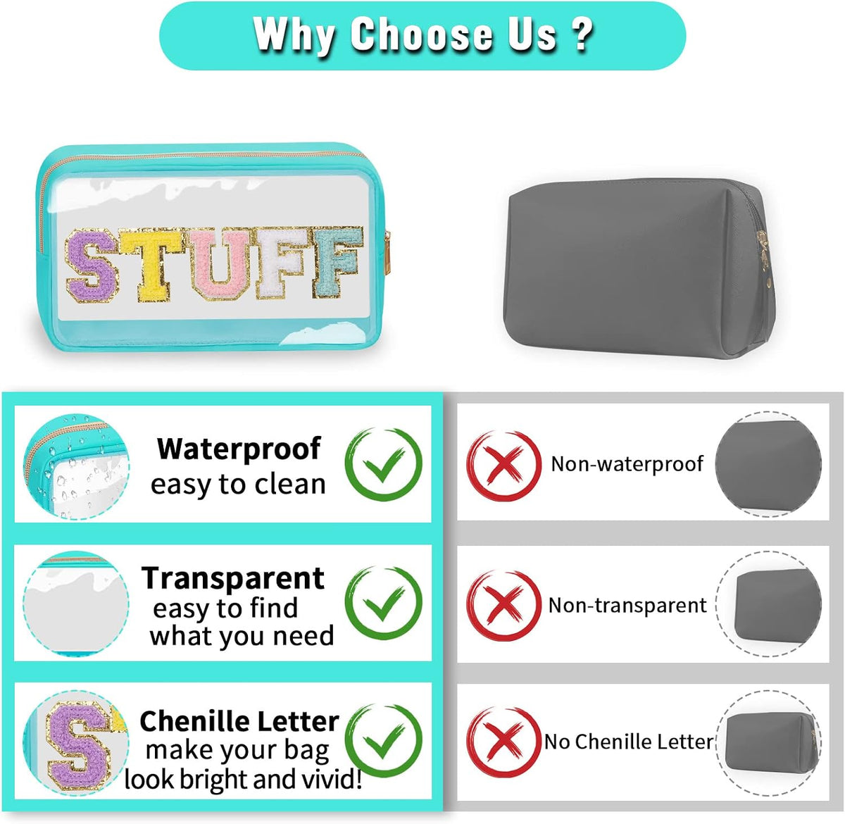 Chenille Letter Clear Makeup Bags Stuff Pouch, Preppy Patch Makeup Bag with Zipper, Transparent PVC & Nylon Waterproof Portable Glitter Cosmetic Bag Travel Toiletry Storage for Women Girl(STUFF-Black)