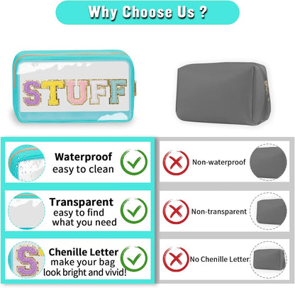 Chenille Letter Clear Makeup Bags Stuff Pouch, Preppy Patch Makeup Bag with Zipper, Transparent PVC & Nylon Waterproof Portable Glitter Cosmetic Bag Travel Toiletry Storage for Women Girl(STUFF-Black)