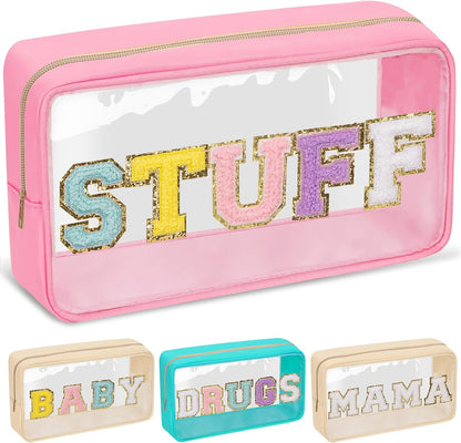 Chenille Letter Clear Makeup Bags Stuff Pouch, Preppy Patch Makeup Bag with Zipper, Transparent PVC & Nylon Waterproof Portable Glitter Cosmetic Bag Travel Toiletry Storage for Women Girl(STUFF-Black)