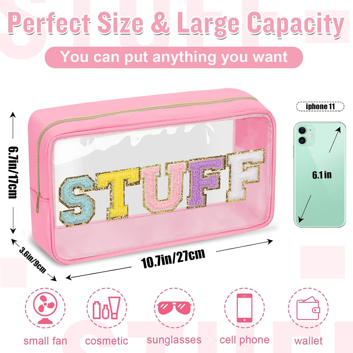 Chenille Letter Clear Makeup Bags Stuff Pouch, Preppy Patch Makeup Bag with Zipper, Transparent PVC & Nylon Waterproof Portable Glitter Cosmetic Bag Travel Toiletry Storage for Women Girl(STUFF-Black)