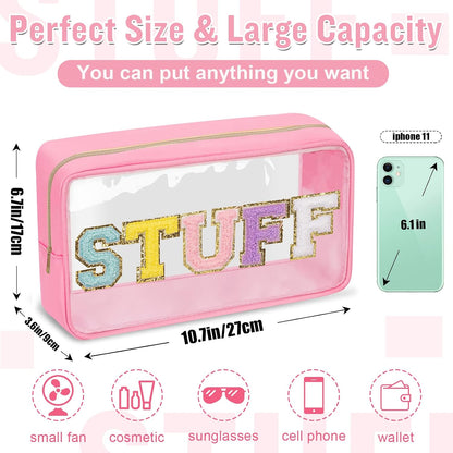 Chenille Letter Clear Makeup Bags Stuff Pouch, Preppy Patch Makeup Bag with Zipper, Transparent PVC & Nylon Waterproof Portable Glitter Cosmetic Bag Travel Toiletry Storage for Women Girl(STUFF-Black)