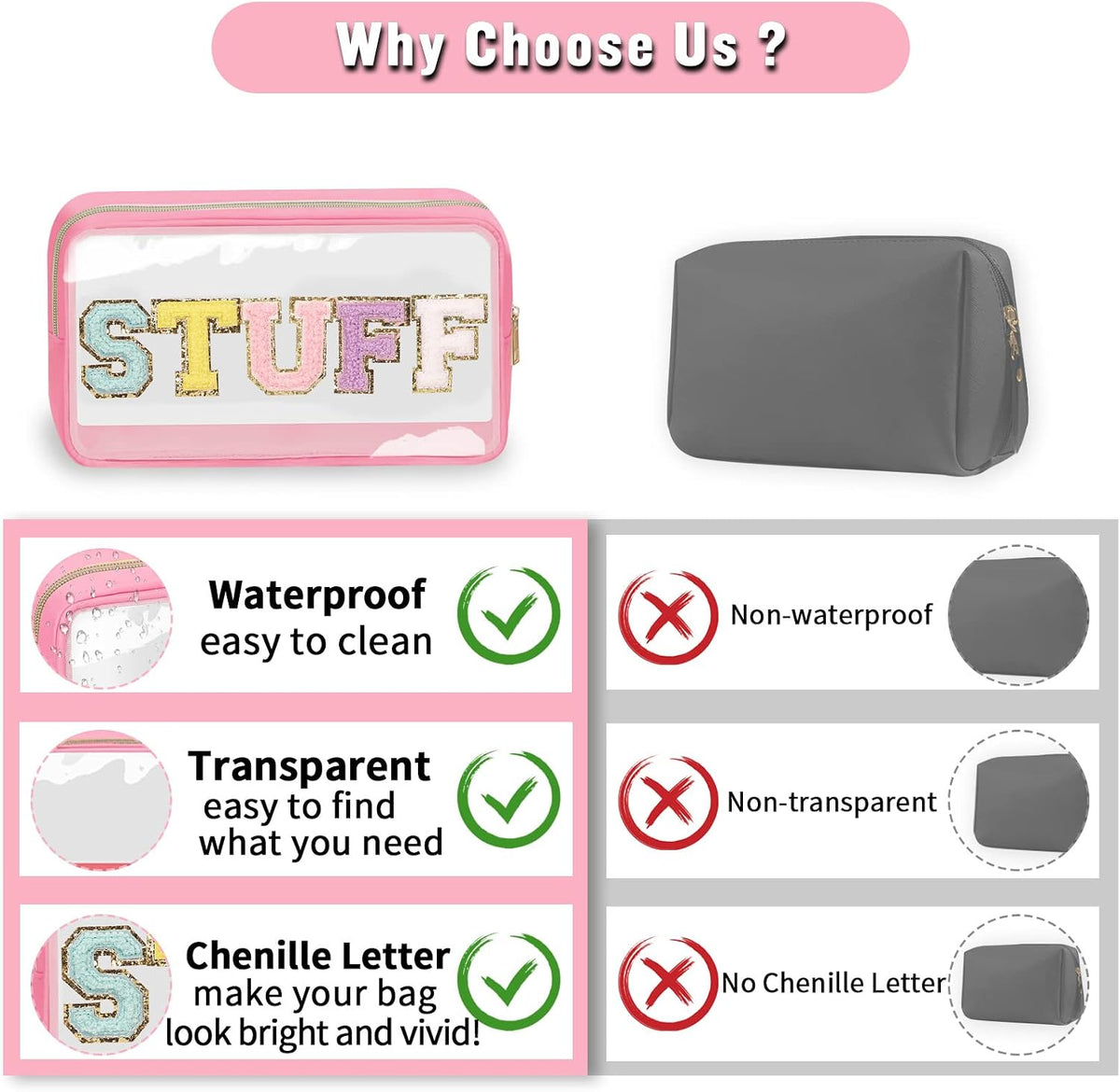 Chenille Letter Clear Makeup Bags Stuff Pouch, Preppy Patch Makeup Bag with Zipper, Transparent PVC & Nylon Waterproof Portable Glitter Cosmetic Bag Travel Toiletry Storage for Women Girl(STUFF-Black)