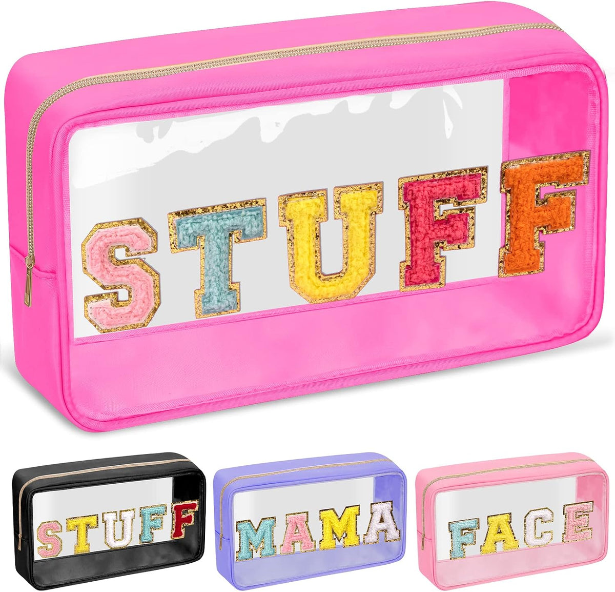 Chenille Letter Clear Makeup Bags Stuff Pouch, Preppy Patch Makeup Bag with Zipper, Transparent PVC & Nylon Waterproof Portable Glitter Cosmetic Bag Travel Toiletry Storage for Women Girl(STUFF-Black)