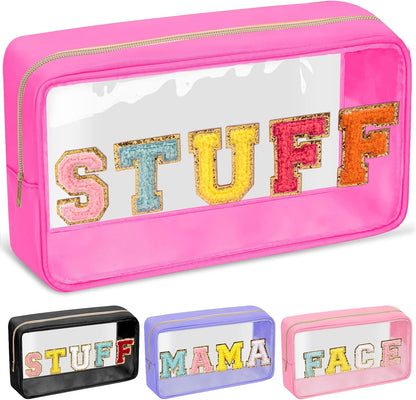 Chenille Letter Clear Makeup Bags Stuff Pouch, Preppy Patch Makeup Bag with Zipper, Transparent PVC & Nylon Waterproof Portable Glitter Cosmetic Bag Travel Toiletry Storage for Women Girl(STUFF-Black)
