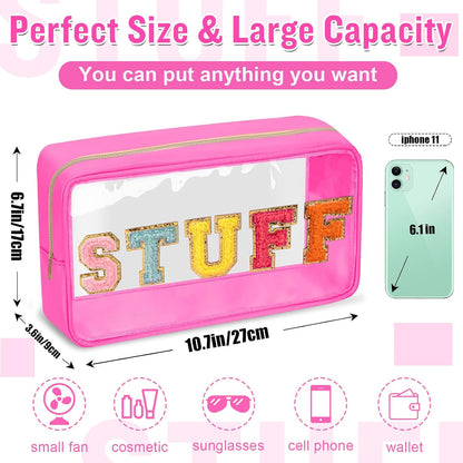 Chenille Letter Clear Makeup Bags Stuff Pouch, Preppy Patch Makeup Bag with Zipper, Transparent PVC & Nylon Waterproof Portable Glitter Cosmetic Bag Travel Toiletry Storage for Women Girl(STUFF-Black)