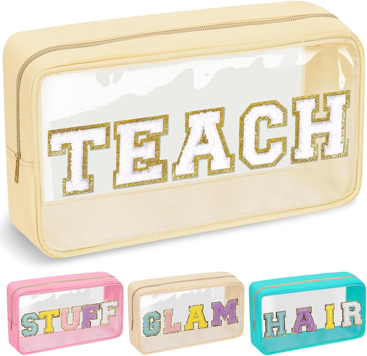 Chenille Letter Clear Makeup Bags Stuff Pouch, Preppy Patch Makeup Bag with Zipper, Transparent PVC & Nylon Waterproof Portable Glitter Cosmetic Bag Travel Toiletry Storage for Women Girl(STUFF-Black)