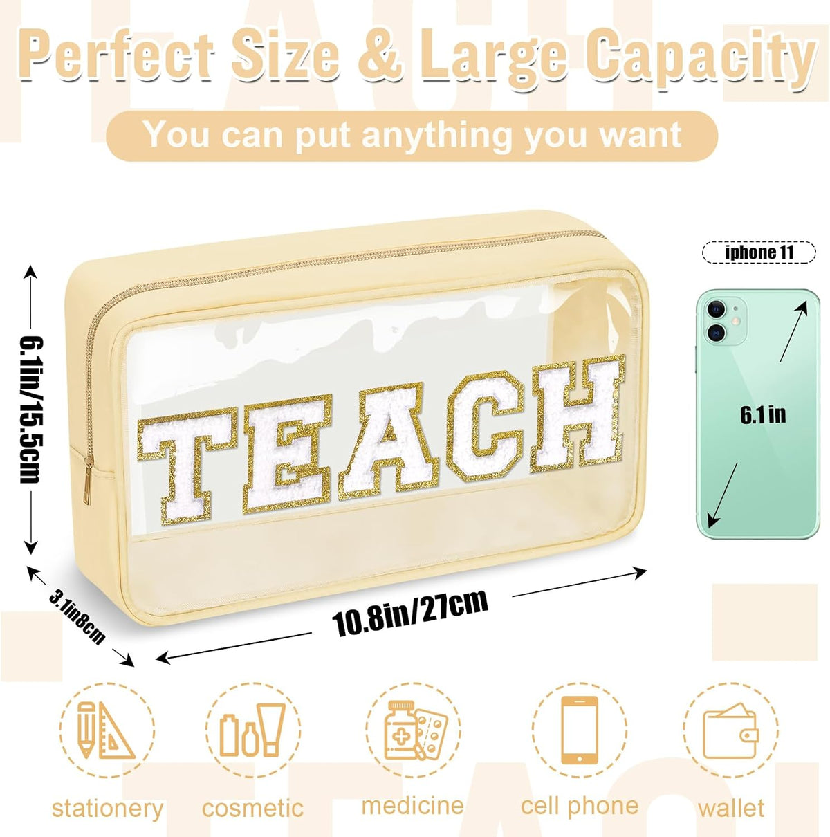 Chenille Letter Clear Makeup Bags Stuff Pouch, Preppy Patch Makeup Bag with Zipper, Transparent PVC & Nylon Waterproof Portable Glitter Cosmetic Bag Travel Toiletry Storage for Women Girl(STUFF-Black)
