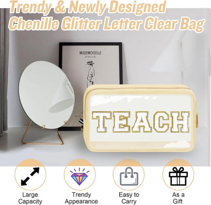 Chenille Letter Clear Makeup Bags Stuff Pouch, Preppy Patch Makeup Bag with Zipper, Transparent PVC & Nylon Waterproof Portable Glitter Cosmetic Bag Travel Toiletry Storage for Women Girl(STUFF-Black)