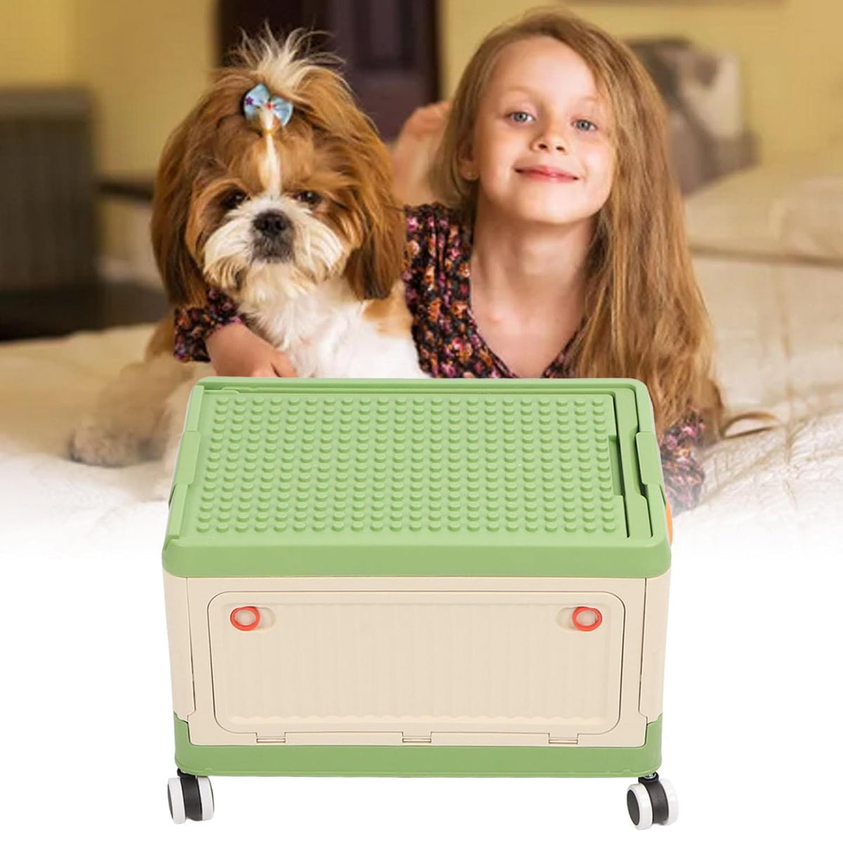 Rolling Toy Storage Bin with Lid Wheels, Toy Storage Organizer for Building Blocks, Children Toy Box, Storage Container with Wheels for Playroom Bedroom