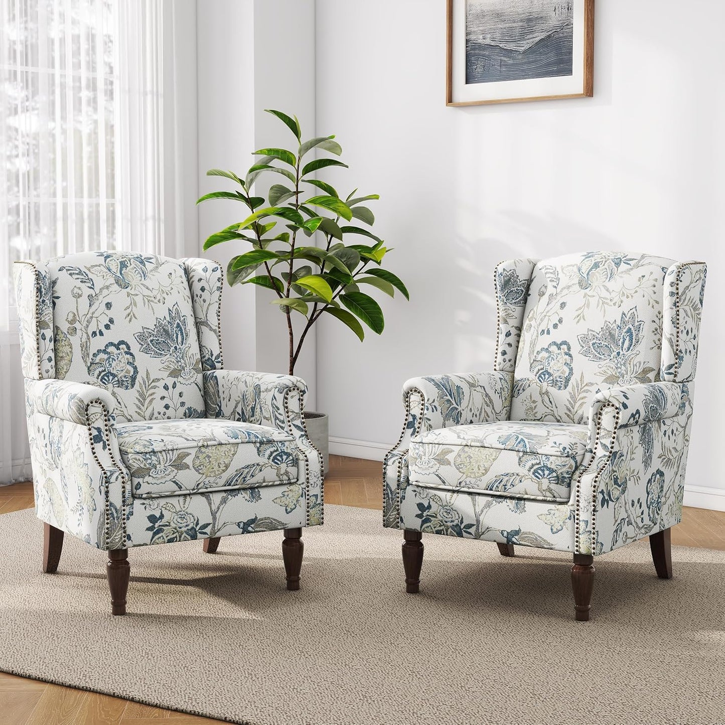 Swivel Rocker Recliner Chair, Manual Nursery Glider Recliner, Floral Fabric Wingback Accent Chair with Adjustable Backrest & Footrest for Small Spaces Living Room Bedroom (Plants Floral, Set of 1)