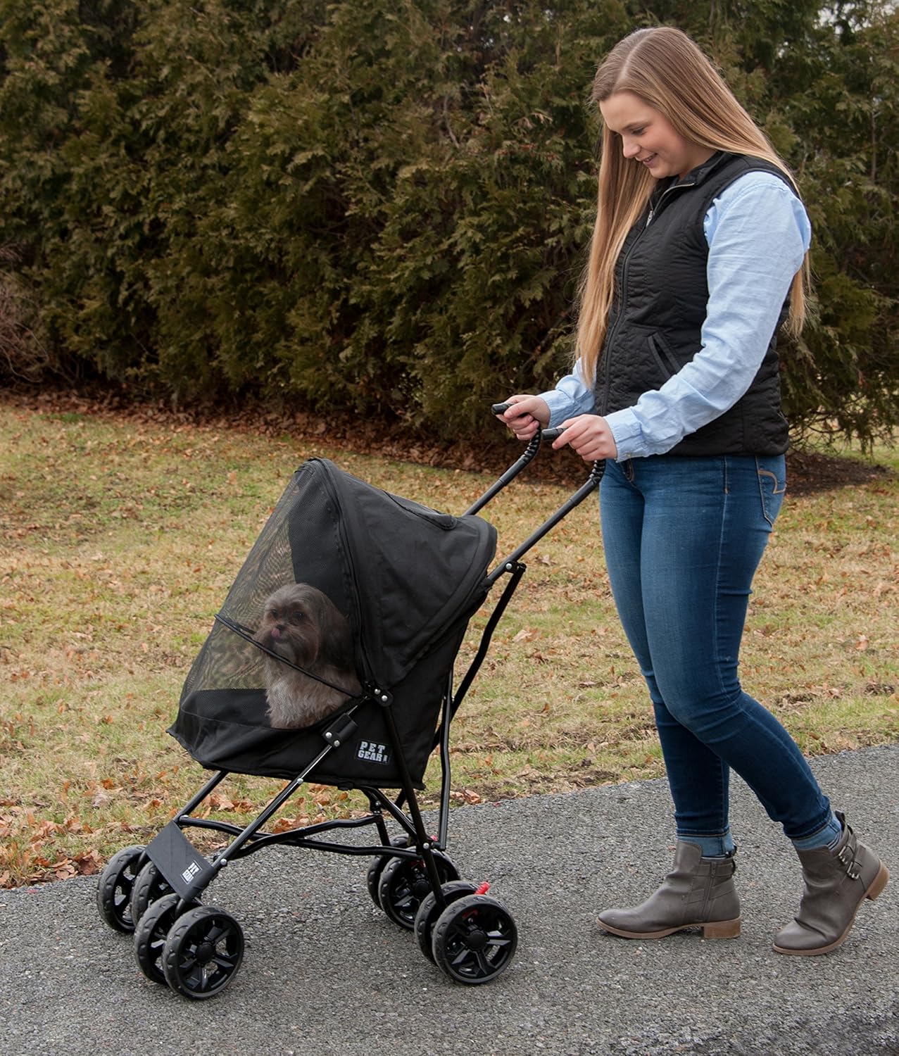 Pet Gear Travel Lite Plus Stroller, Compact, Easy Fold, No Assembly Required, Large Wheels for Cats and Dogs up to 15 pounds, Light Pink