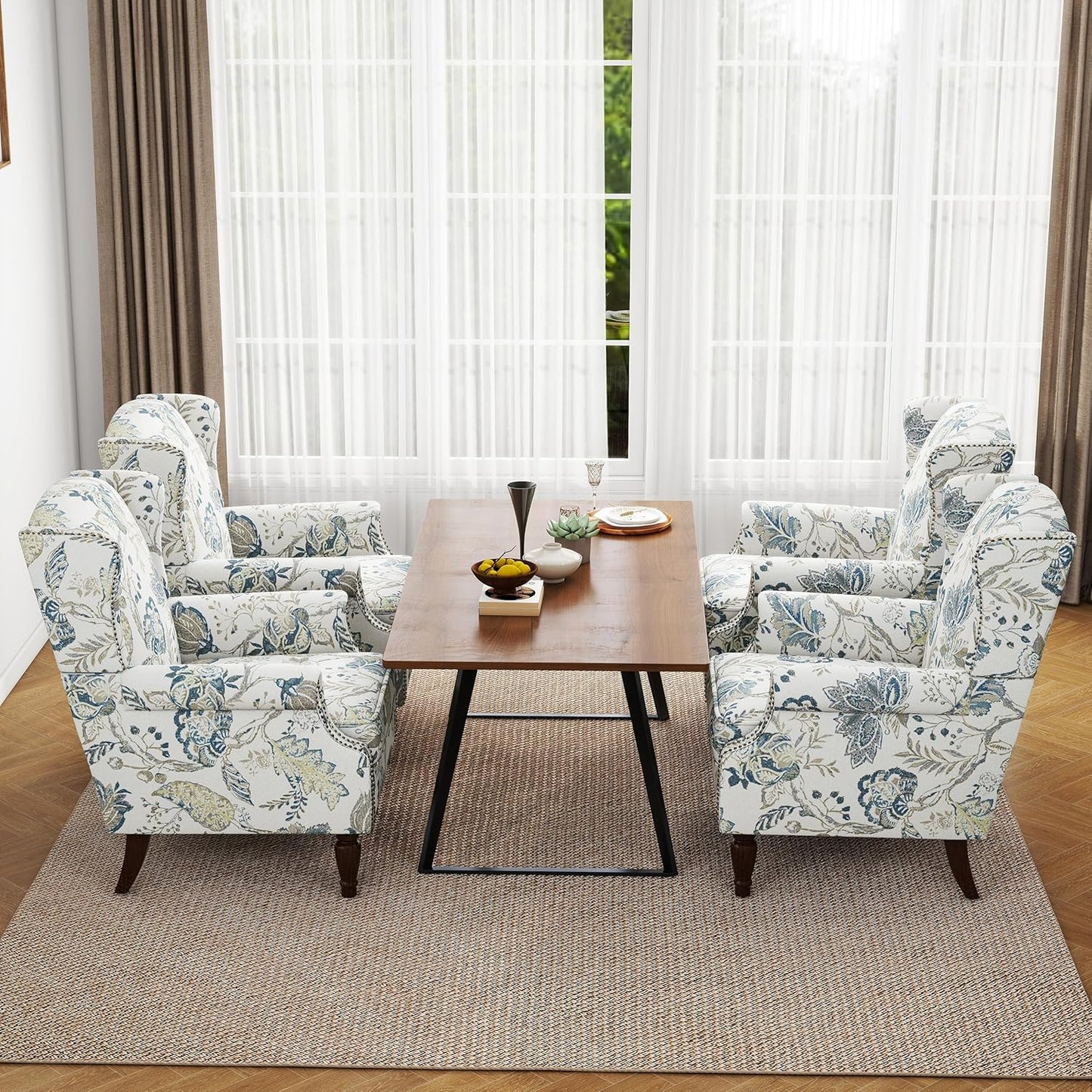 Swivel Rocker Recliner Chair, Manual Nursery Glider Recliner, Floral Fabric Wingback Accent Chair with Adjustable Backrest & Footrest for Small Spaces Living Room Bedroom (Plants Floral, Set of 1)