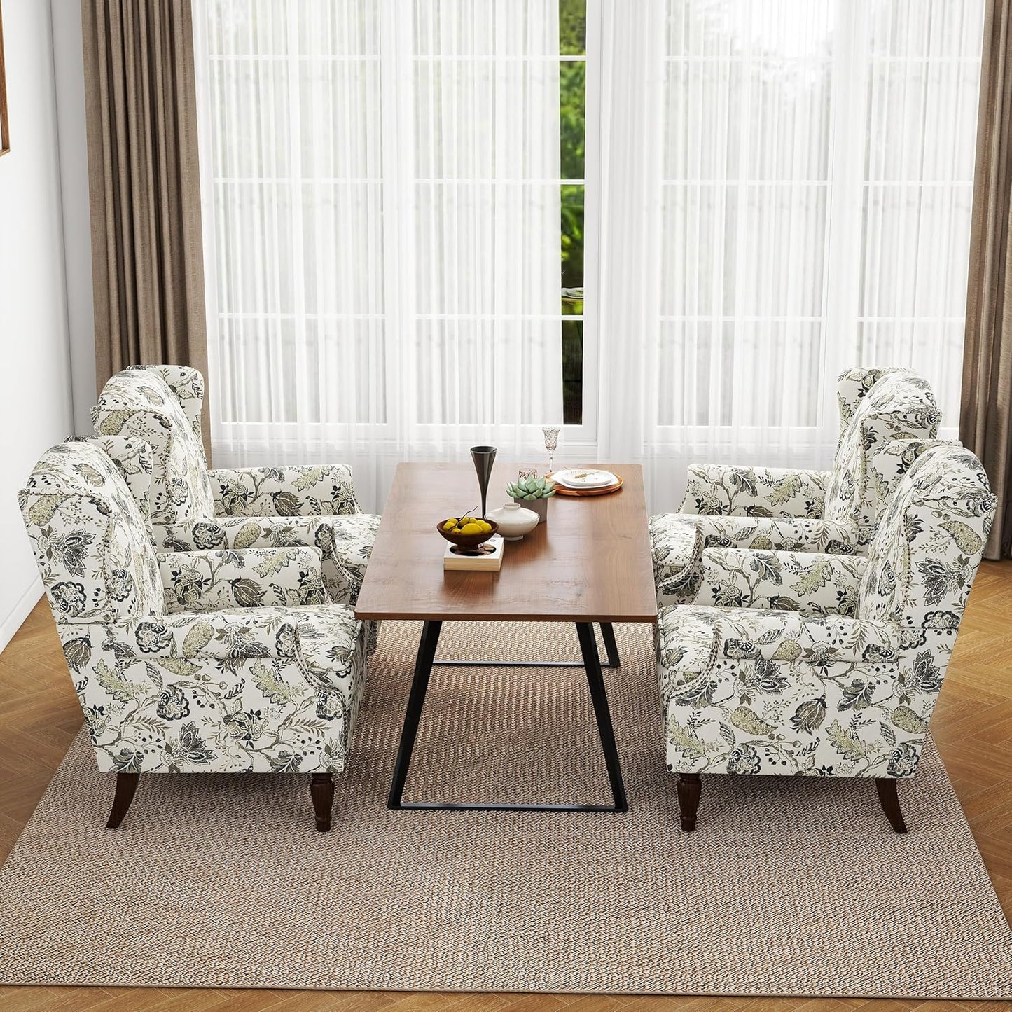 Swivel Rocker Recliner Chair, Manual Nursery Glider Recliner, Floral Fabric Wingback Accent Chair with Adjustable Backrest & Footrest for Small Spaces Living Room Bedroom (Plants Floral, Set of 1)