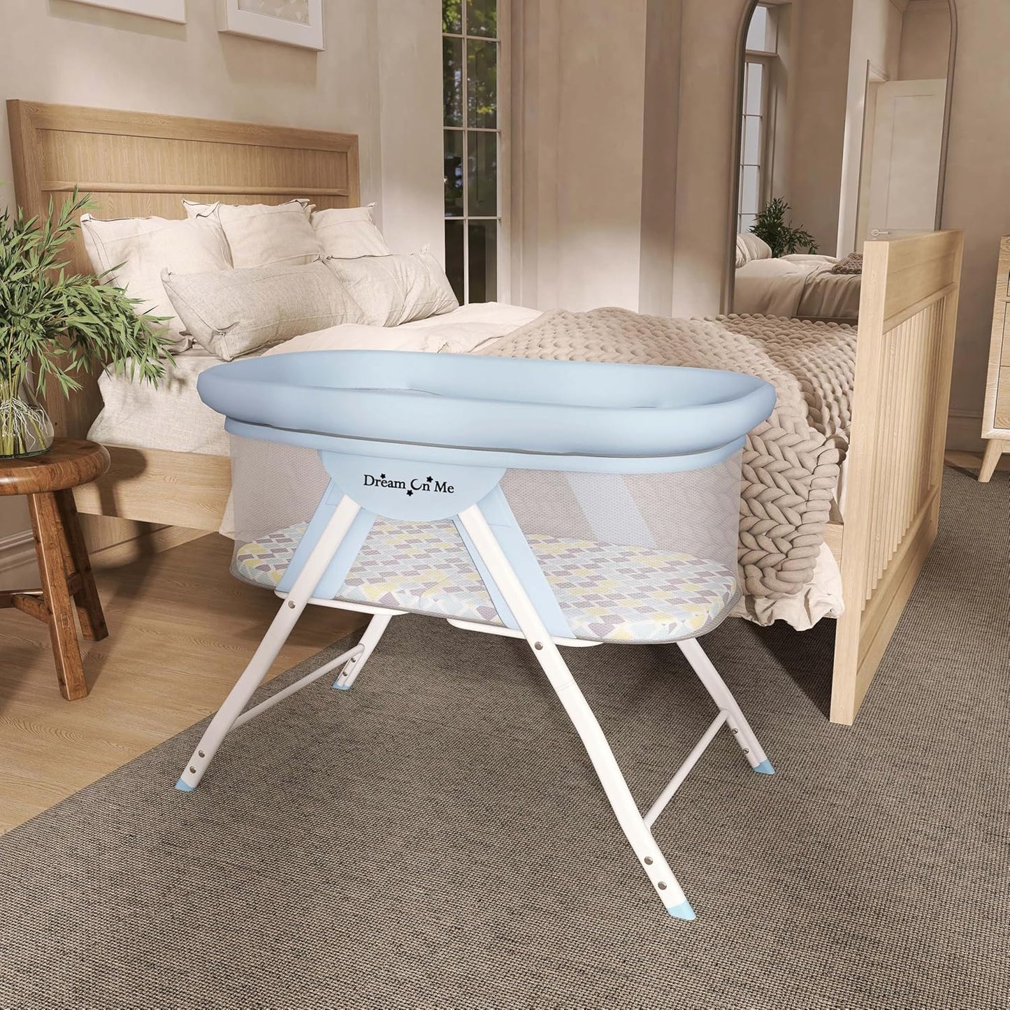 Dream On Me Poppy Traveler Portable Baby Bassinet, Breathable Mesh Airflow Panels, Compact and Lightweight, Quick Fold Travel Friendly Design, Anti-Slip Legs, Travel Bag and Mattress Included- Blue