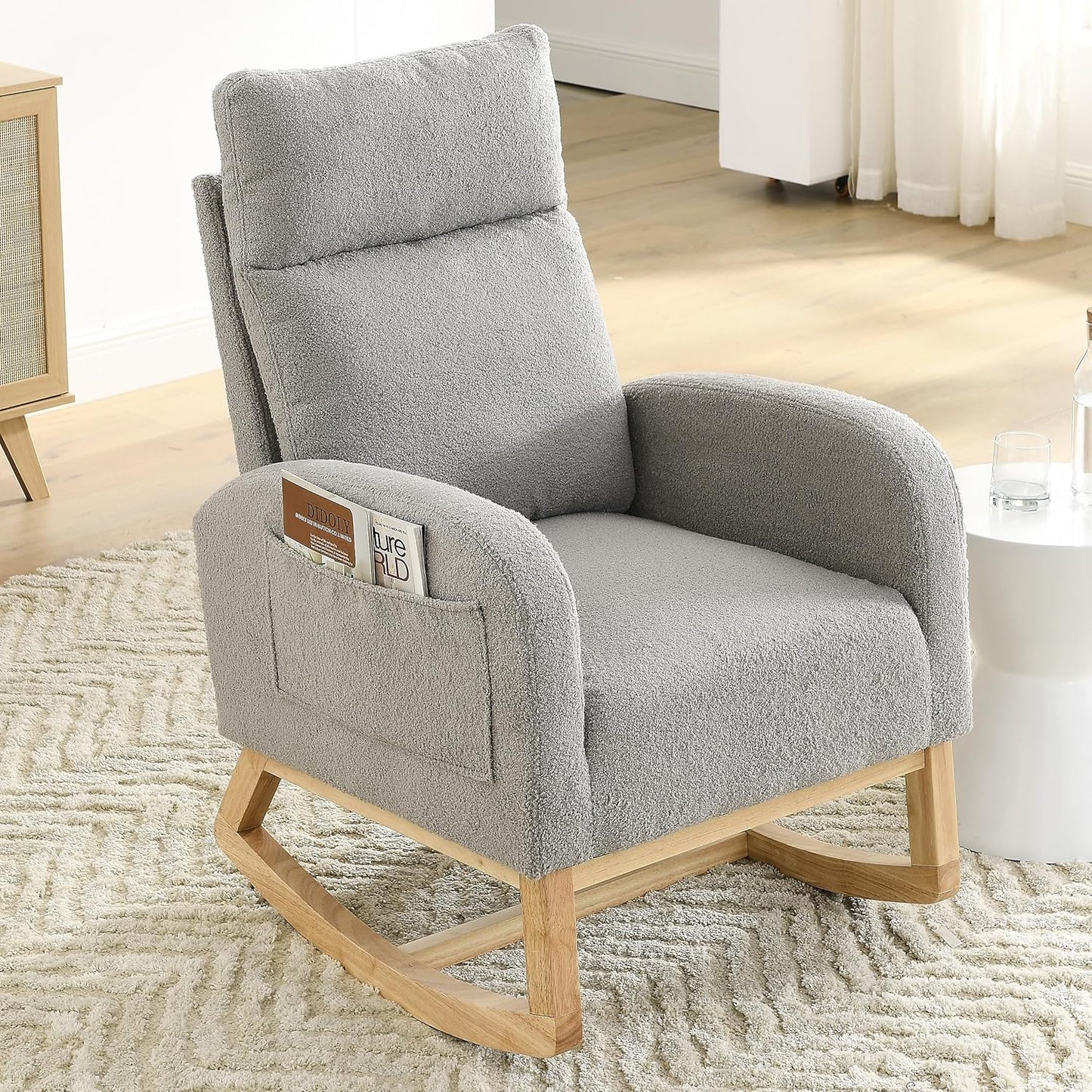 Rocking Chair Nursery, Glider Chair with High Back and Side Pocket, Solid Wood Frame Armchair with Non-Slip Padding for Nursery, Living Room, Bedroom (Ivory)