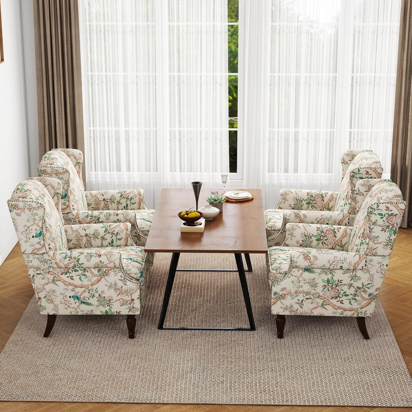 Swivel Rocker Recliner Chair, Manual Nursery Glider Recliner, Floral Fabric Wingback Accent Chair with Adjustable Backrest & Footrest for Small Spaces Living Room Bedroom (Plants Floral, Set of 1)