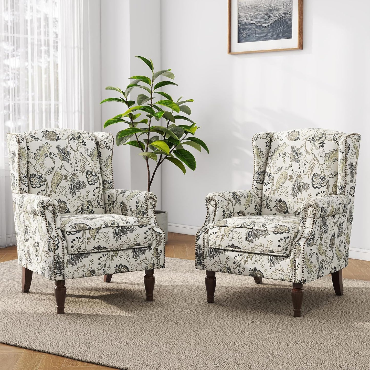 Swivel Rocker Recliner Chair, Manual Nursery Glider Recliner, Floral Fabric Wingback Accent Chair with Adjustable Backrest & Footrest for Small Spaces Living Room Bedroom (Plants Floral, Set of 1)