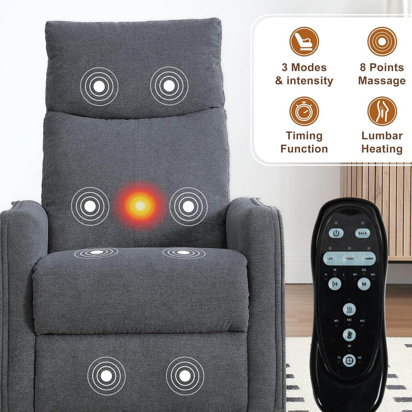 Manual 360° Swivel Rocker Recliner Chair for Adults, Overstuffed Glider Chair for Nursery with Vibration Massage and Heat, Comfy Soft Fabric Glider with Side Pockets for Living Room, Beige