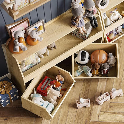 Fulhope Toy Storage Organizer for Kids, Toy Storage Cabinet with Drawers, Boys and Girls Toy Shelf with Wheels, Toy Organizer Kids Bookshelf with Storage for Nursery, Playroom, Bedroom (Burlywood)