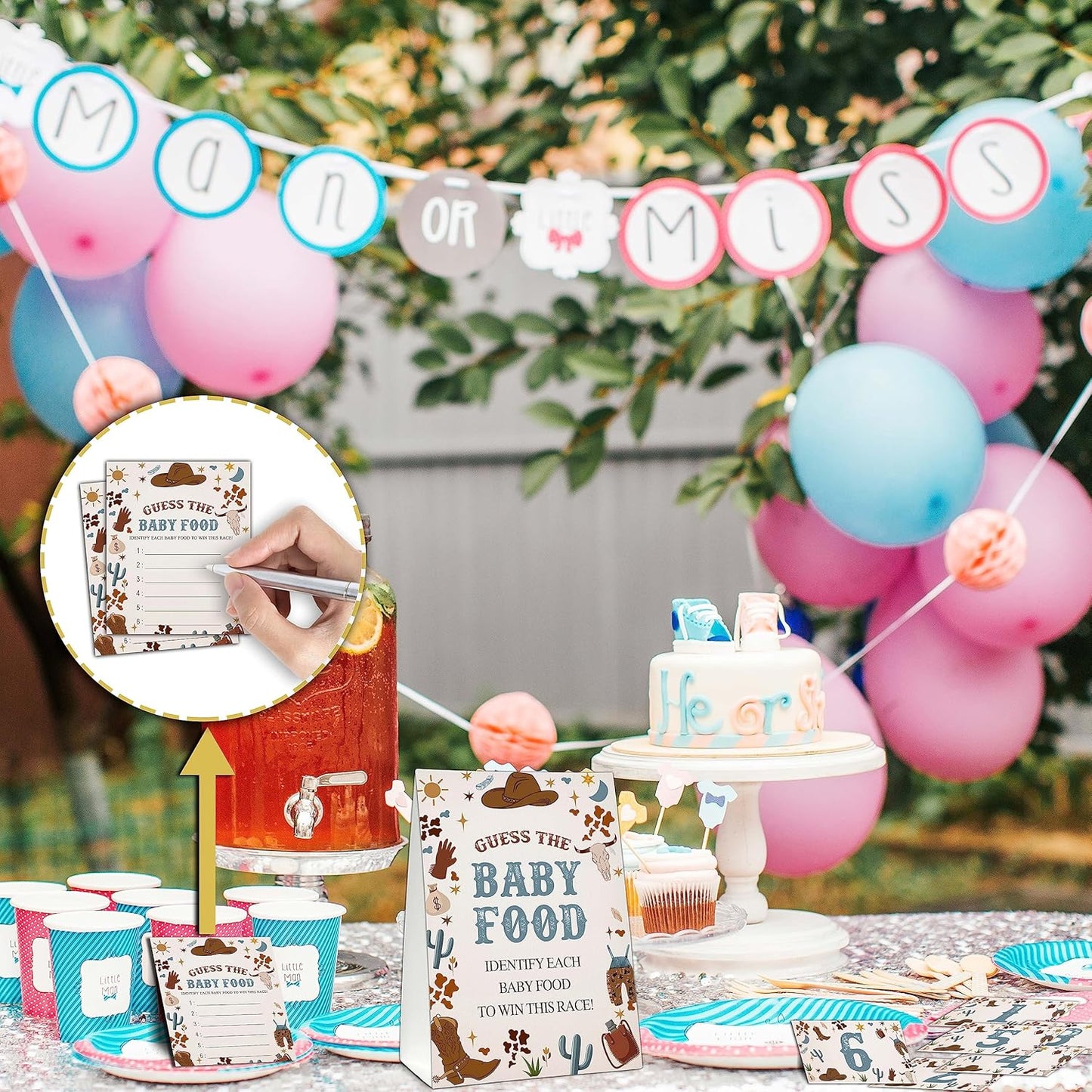 Guess the Baby Food Party Games, Baby Shower Game Set, 1 Standing Sign + 25 Answer Cards + 6 Number Cards, Boho Wild West Gender Reveal Party Decoration Supplies -B05