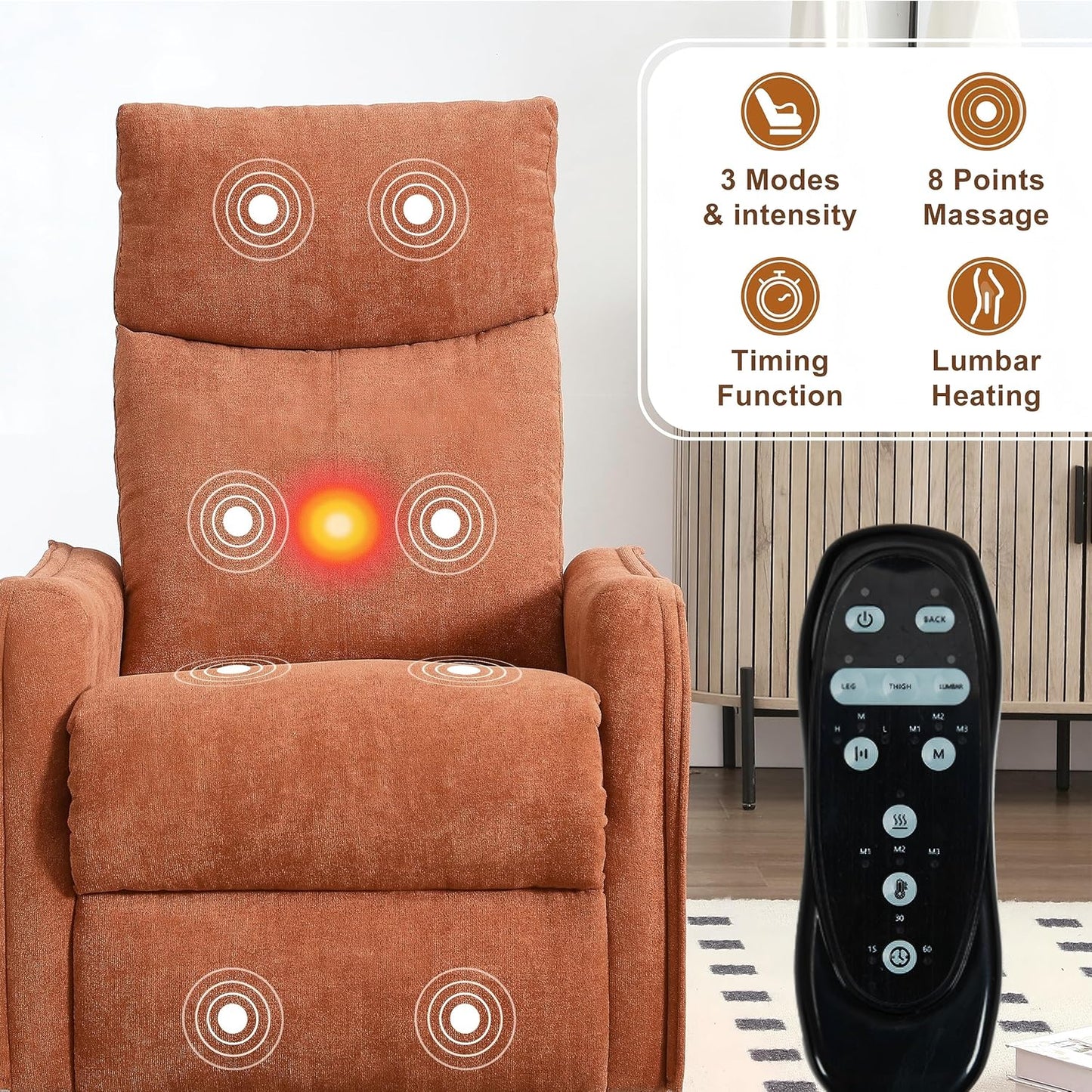 Manual 360° Swivel Rocker Recliner Chair for Adults, Overstuffed Glider Chair for Nursery with Vibration Massage and Heat, Comfy Soft Fabric Glider with Side Pockets for Living Room, Beige
