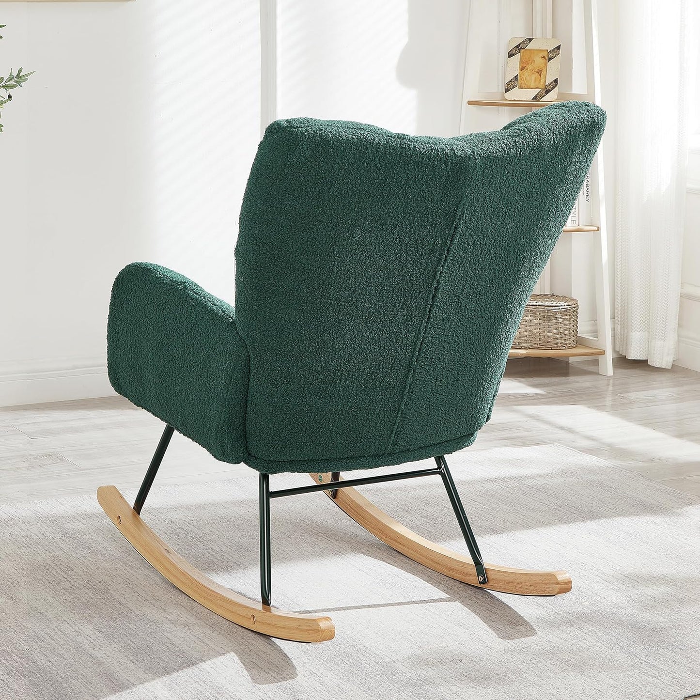 Glider Chair for Living Room & Nursery, Tufted Upholstered Teddy Rocking Chair with High Backrest & Stable Metal Frame, 300lbs Capacity, Comfy Rocker Glider for Adults & Kids, Office & Bedroom(Gray)