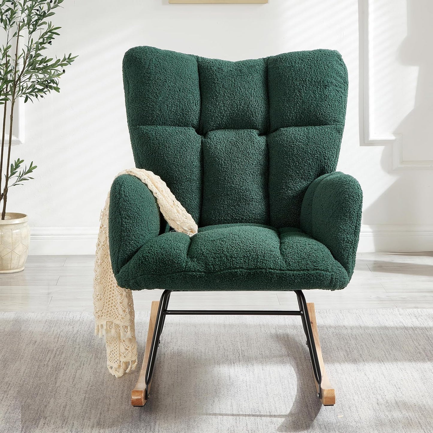 Glider Chair for Living Room & Nursery, Tufted Upholstered Teddy Rocking Chair with High Backrest & Stable Metal Frame, 300lbs Capacity, Comfy Rocker Glider for Adults & Kids, Office & Bedroom(Gray)
