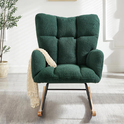 Glider Chair for Living Room & Nursery, Tufted Upholstered Teddy Rocking Chair with High Backrest & Stable Metal Frame, 300lbs Capacity, Comfy Rocker Glider for Adults & Kids, Office & Bedroom(Gray)