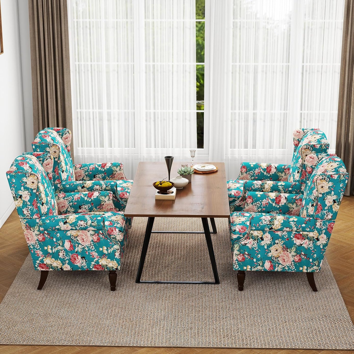 Swivel Rocker Recliner Chair, Manual Nursery Glider Recliner, Floral Fabric Wingback Accent Chair with Adjustable Backrest & Footrest for Small Spaces Living Room Bedroom (Plants Floral, Set of 1)