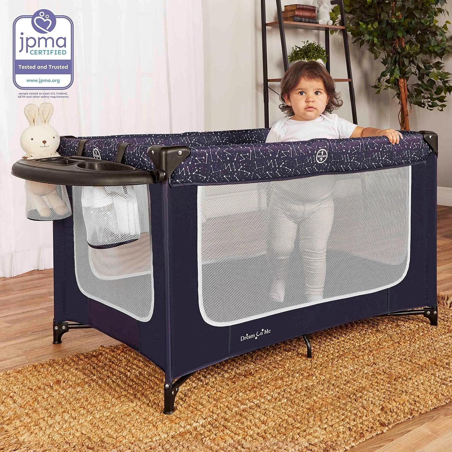 Dream On Me Emily Rose Deluxe Playard in Galaxy Blue with Infant Bassinet and Changing Tray, Lightweight Portable and Convertible Playard for Baby, Breathable Mesh Sides and Soft Fabric