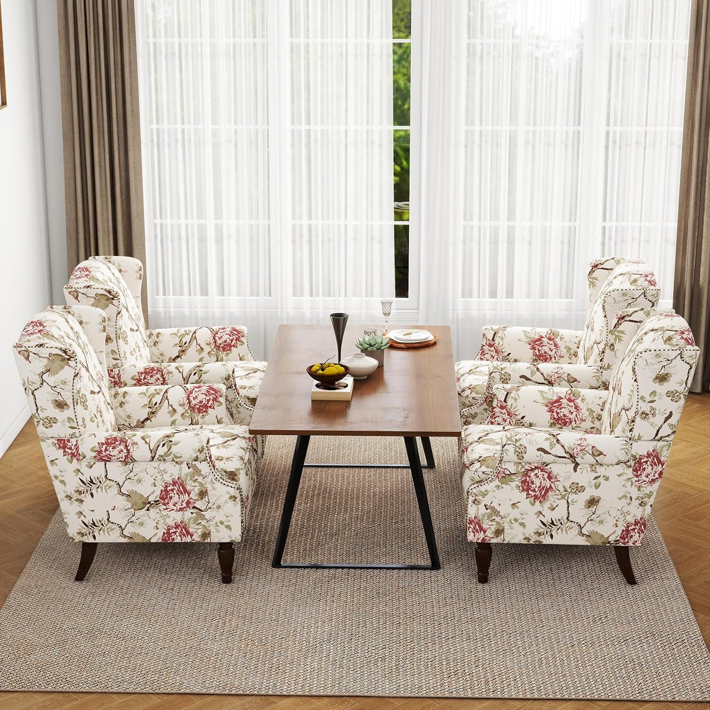 Swivel Rocker Recliner Chair, Manual Nursery Glider Recliner, Floral Fabric Wingback Accent Chair with Adjustable Backrest & Footrest for Small Spaces Living Room Bedroom (Plants Floral, Set of 1)