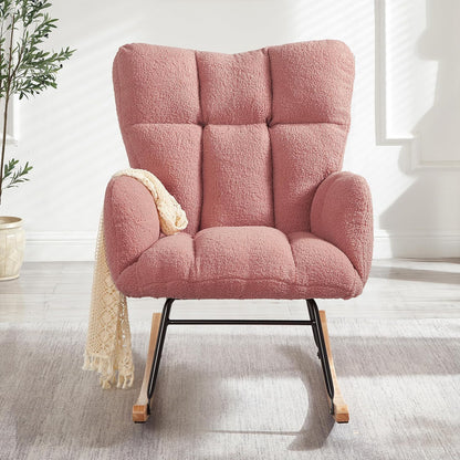 Glider Chair for Living Room & Nursery, Tufted Upholstered Teddy Rocking Chair with High Backrest & Stable Metal Frame, 300lbs Capacity, Comfy Rocker Glider for Adults & Kids, Office & Bedroom(Gray)