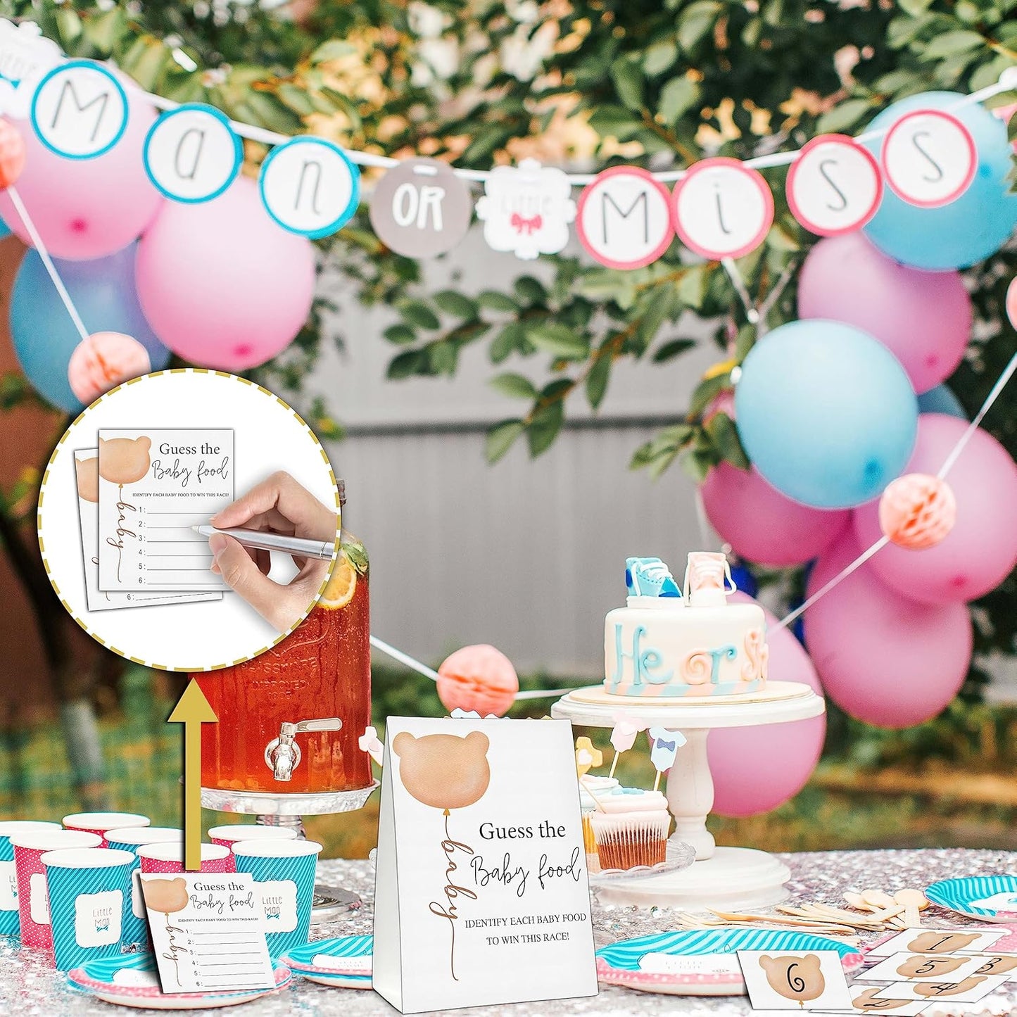 Guess the Baby Food Party Games, Baby Shower Game Set, 1 Standing Sign + 25 Answer Cards + 6 Number Cards, Boho Wild West Gender Reveal Party Decoration Supplies -B05