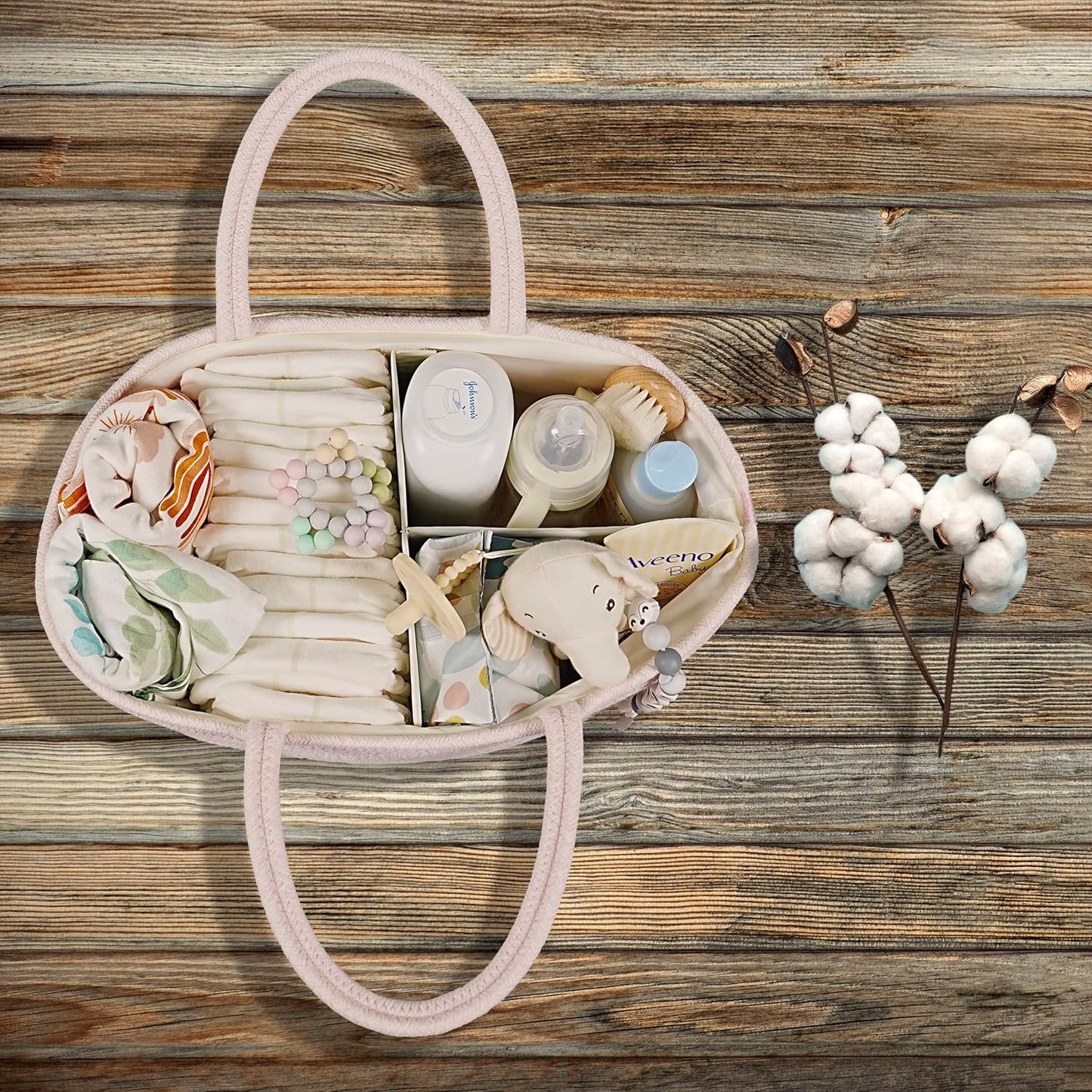 Baby Diaper Caddy Organizer for Girl Boy Rope Nursery Storage Bin Basket Portable Holder Tote Bag for Changing Table Car Travel Baby Shower Gifts Newborn Essentials Registry Must Have Items Pink