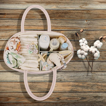 Baby Diaper Caddy Organizer for Girl Boy Rope Nursery Storage Bin Basket Portable Holder Tote Bag for Changing Table Car Travel Baby Shower Gifts Newborn Essentials Registry Must Have Items Pink