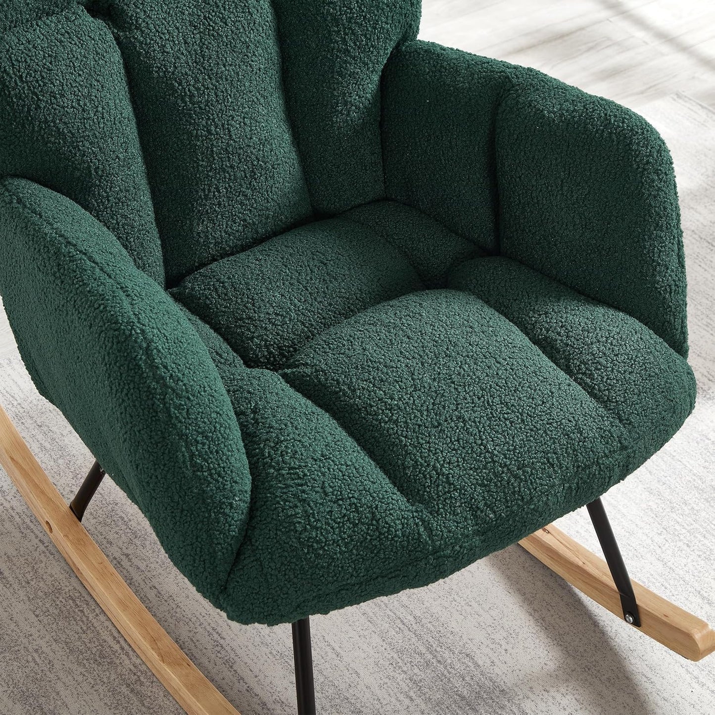Glider Chair for Living Room & Nursery, Tufted Upholstered Teddy Rocking Chair with High Backrest & Stable Metal Frame, 300lbs Capacity, Comfy Rocker Glider for Adults & Kids, Office & Bedroom(Gray)