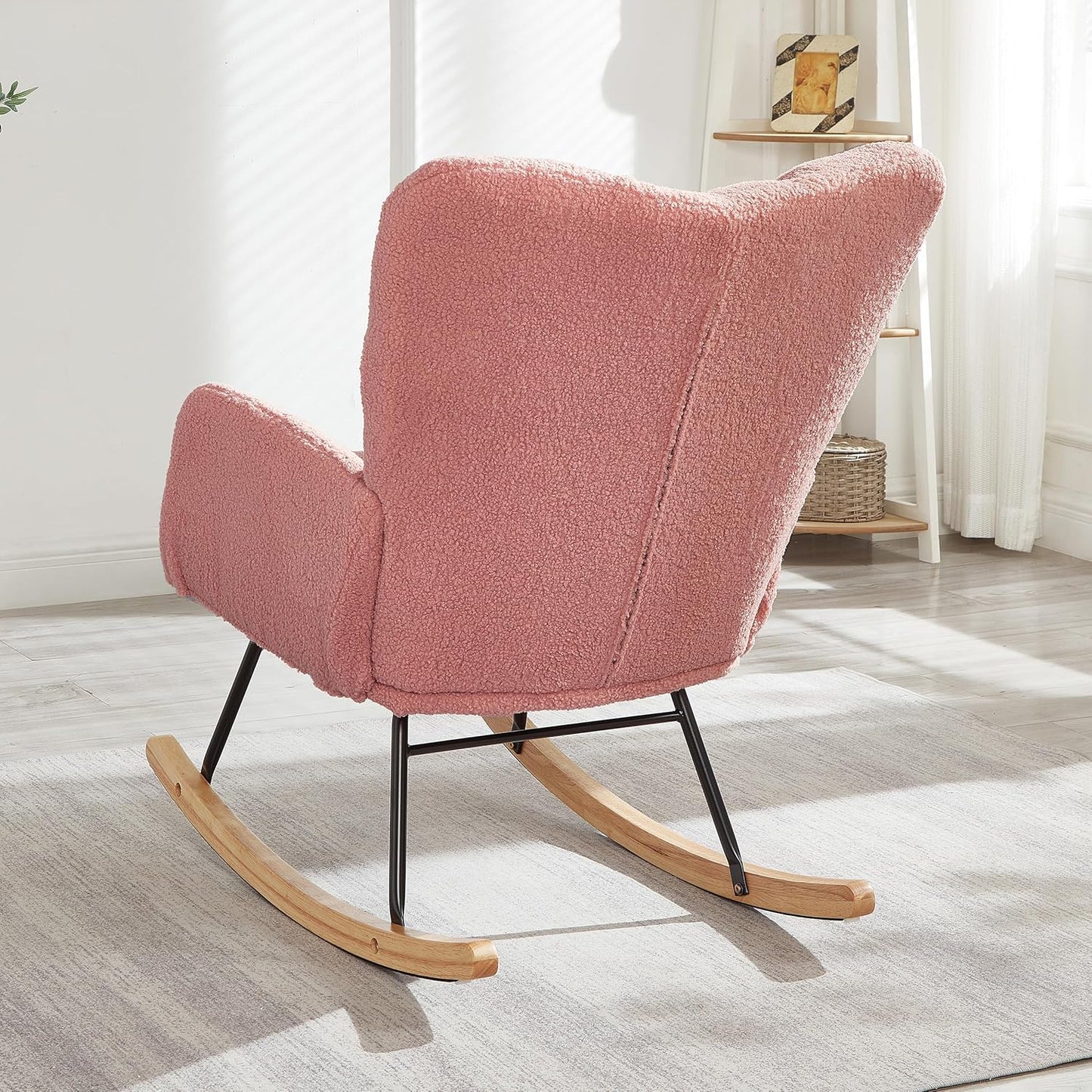 Glider Chair for Living Room & Nursery, Tufted Upholstered Teddy Rocking Chair with High Backrest & Stable Metal Frame, 300lbs Capacity, Comfy Rocker Glider for Adults & Kids, Office & Bedroom(Gray)