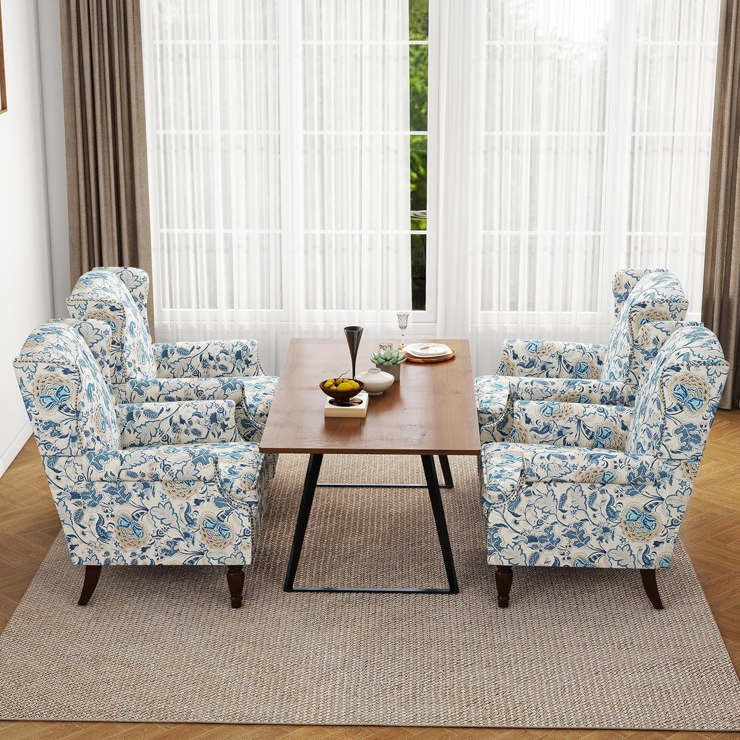 Swivel Rocker Recliner Chair, Manual Nursery Glider Recliner, Floral Fabric Wingback Accent Chair with Adjustable Backrest & Footrest for Small Spaces Living Room Bedroom (Plants Floral, Set of 1)